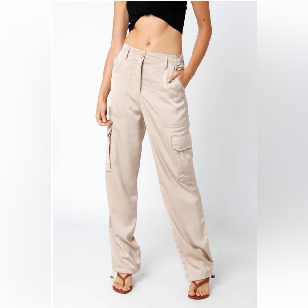 Olivaceous Cream Silk Cargo Pants Relaxed Fit